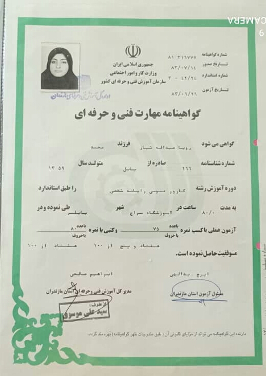 گواهینامه مهارت فنی وحرفه ای.رویاعبداله تبار