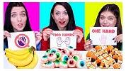 چالش غذا خوردن با یک دست یا دو دست یا بدون دست!