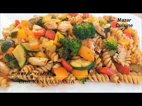 پوستر CHICKEN VEGETABLE PASTA RECIPE مکرونی با مرغ و سبزیجات...