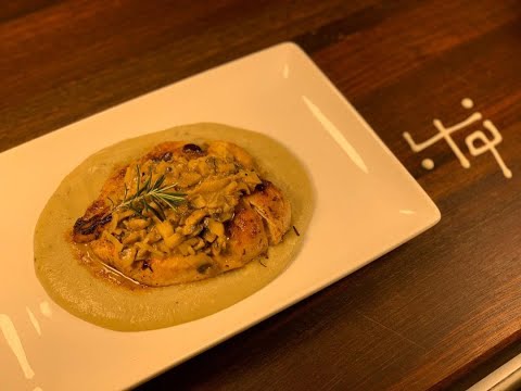 پوستر بشقاب رزماری - استیک مرغ با سس قارچ و پوره سیب‌زمینی و قارچ...