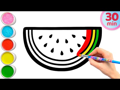 پوستر نقاشی، رنگ آمیزی و ترسیم هشت میوه و هندوانه برای کودکان و...