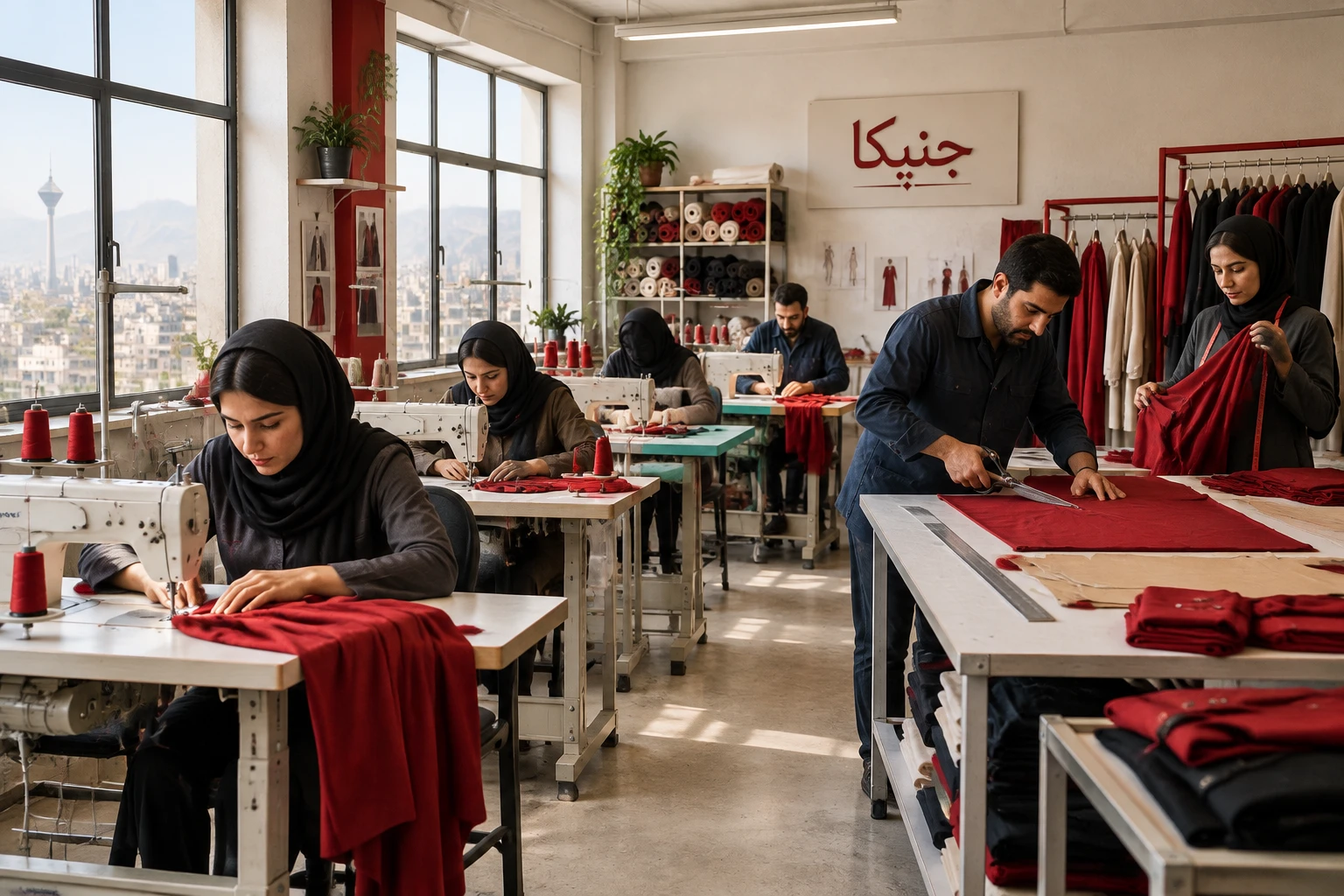 نمایی از کارگاه تولیدی پوشاک جنیکا و خط دوخت شلوار زنانه