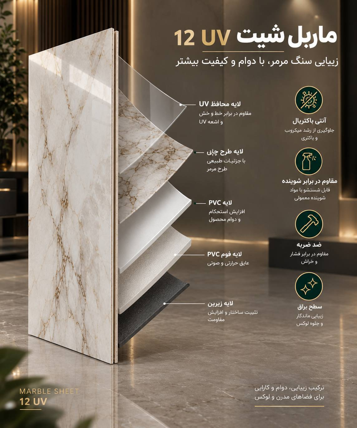 ماربل شیت ۱۲ UV با سطح پوششدادهشده و طرح دکوراتیو