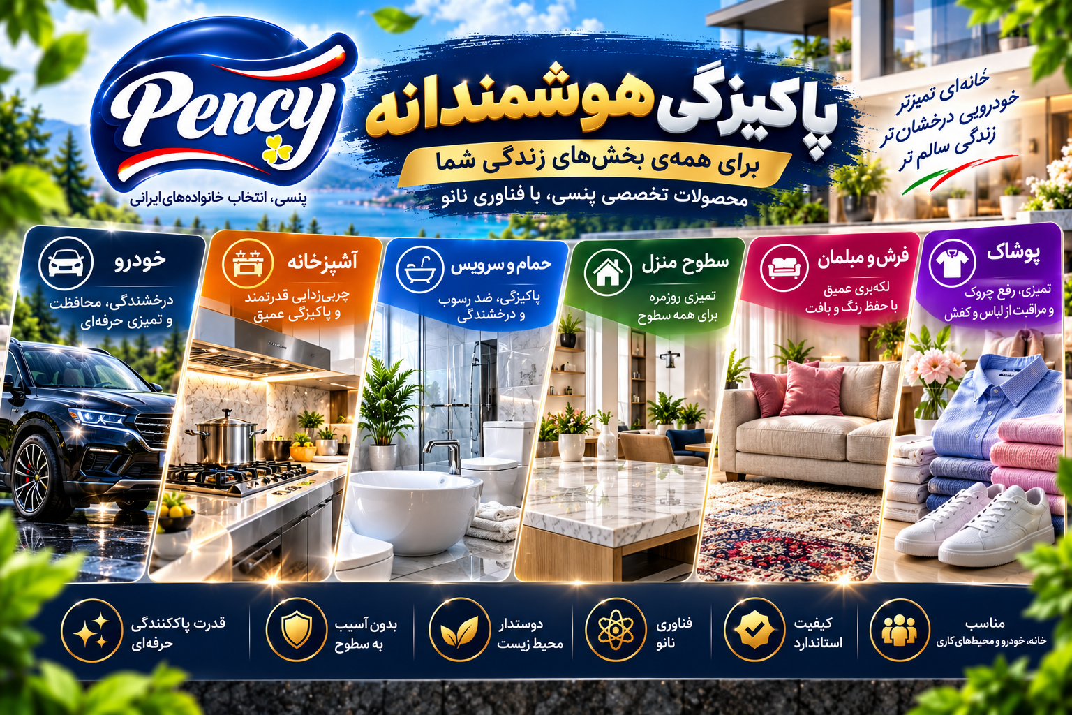 تصویر معرفی خدمات و کاربردهای محصولات شوینده پنسی برای نظافت منزل، سطوح و خودرو