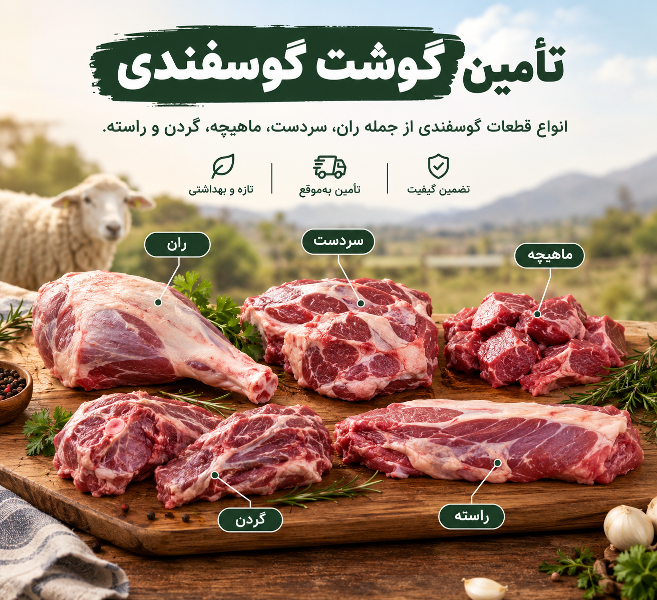 قطعات گوشت گوسفندی شامل ران، سردست و ماهیچه برای تأمین عمده در شیراز
