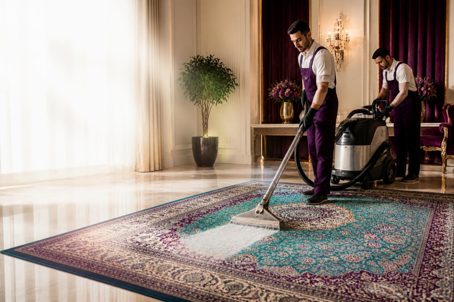 فرش دستباف در حال شست‌وشوی تخصصی در قالیشویی آیین ممتاز