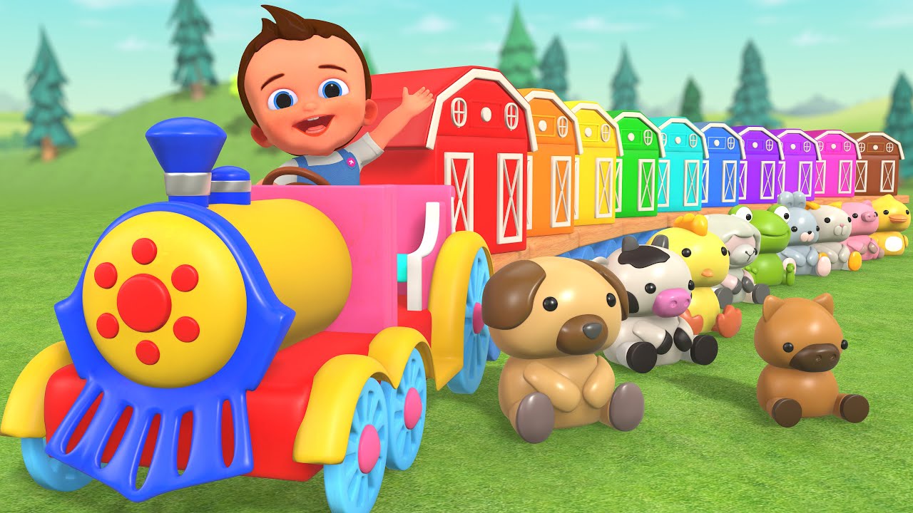 Learn Farm Animal Names & Colors - Little Baby Plays with Toy Train Fun! 3D Kids