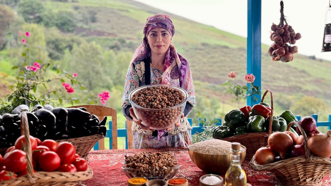 پوستر نیکوپروری بادمجان و فلفل دستور غذایی گیاهی با گردو و فندق