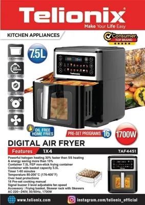 👑 سرخ‌کن‌رژیمی‌‌‌‌‌تلونیکس 👑

سرخ کن بدون روغن‌‌TelioniX بابهره‌گیری‌ازفناوری‌جریان‌هوای‌سریع‌منحصربفردموجب‌پخت‌کامل انواع موادغذایی‌می گرددجریان‌سریع‌‌‌هوای‌گرم موجب‌میشودلایه‌های‌داخلی‌غذاکاملانرم‌شود

باتوان1700وات.ظرفیت:7.5لیتر

جنس دیگ:تفلون نچسب

پخت: بوسیله چرخش هوای گرم‌قابلیت ها

:سرخ کردن، گریل کردن، کیک پختن

طول سیم‌1متر

سیستم قطع کن خودکارقابلیت تفکیک قطعات‌

دسته های عایق حرارت‌دارد