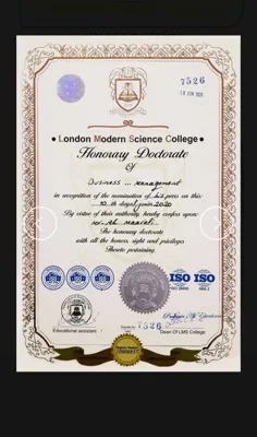 مدرک افتخاری جناب علی معارفی از کمبریج لندن